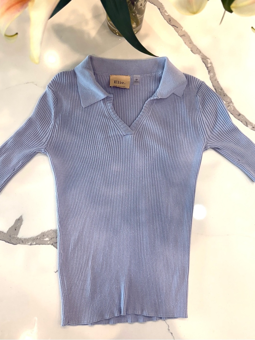 Elie Tahari Light Blue Ribbed Polo Sweater